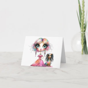 Cartão de Dachshund e Menina com Olhos Grandes e C