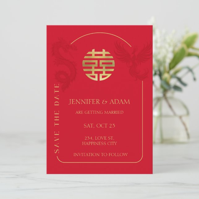 Cartão de Data de Casamento Chinesa Asiático Duplo (Em pé/Frente)