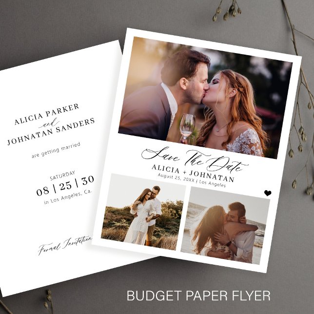 Cartão de data de casamento com 3 fotos elegante e (Criador carregado)