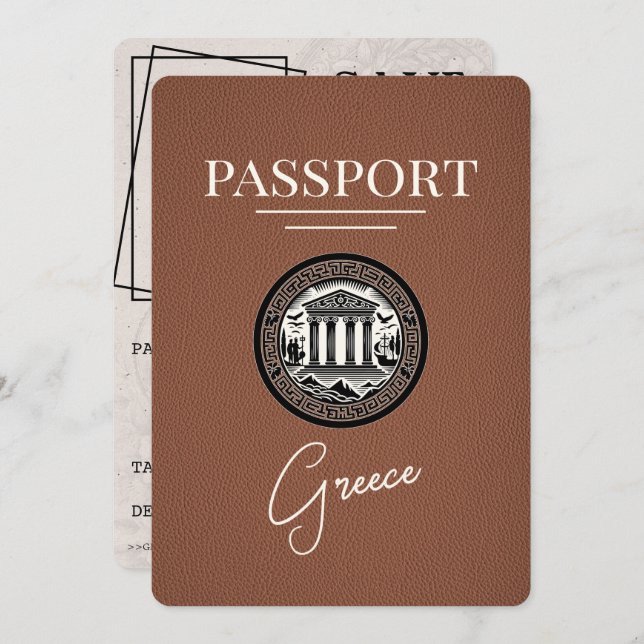 Cartão de data de casamento com passaporte da Gréc (Frente/Verso)