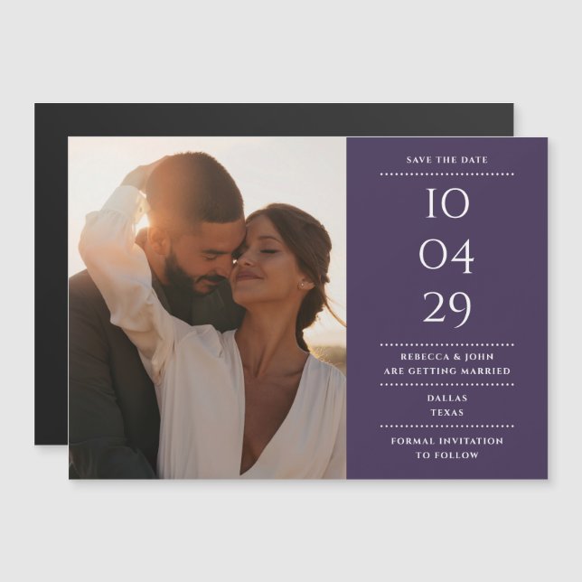 Cartão de Data de Casamento em Foto Roxo Moderno (Frente/Verso)
