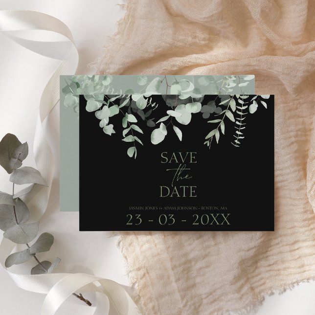 Cartão de Data de Casamento Eucalyptus Preto Boho  (Criador carregado)