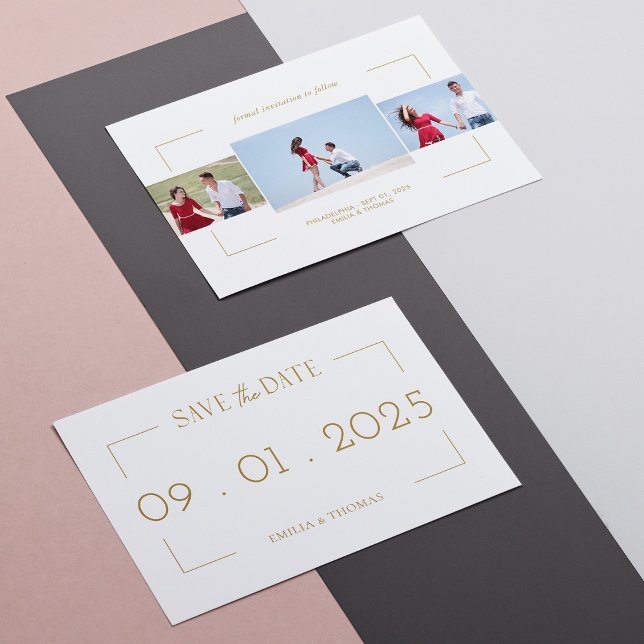 Cartão de Data de Salvamento de Foto de Scriptura  (Elegant Gold Frame Script Personalized Photo Save the Date Card)