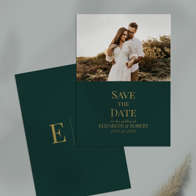 Cartão de Data de Salvamento de Foto Personalizada (Emerald Green Custom Photo Save the Date Card on a table.)