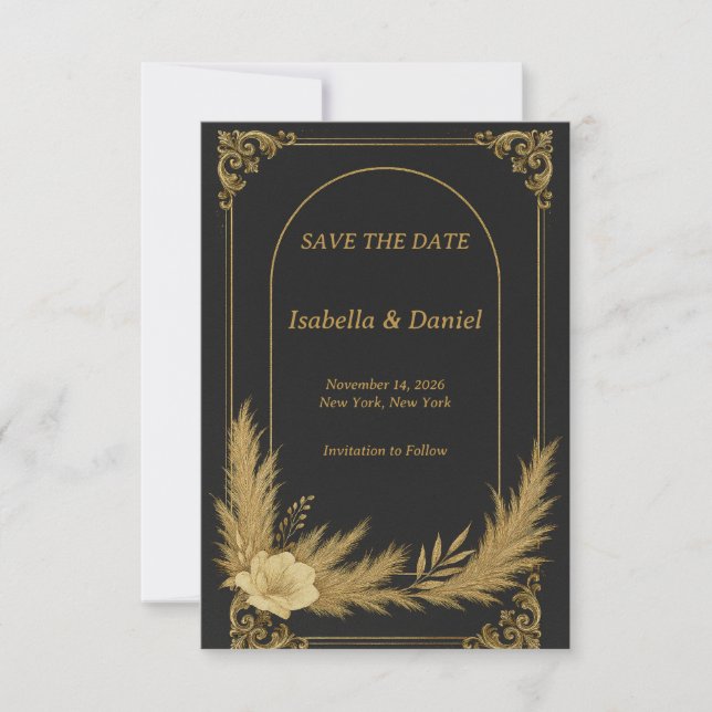 Cartão de Data de Salvamento Preto e Dourado Elega (Frente)