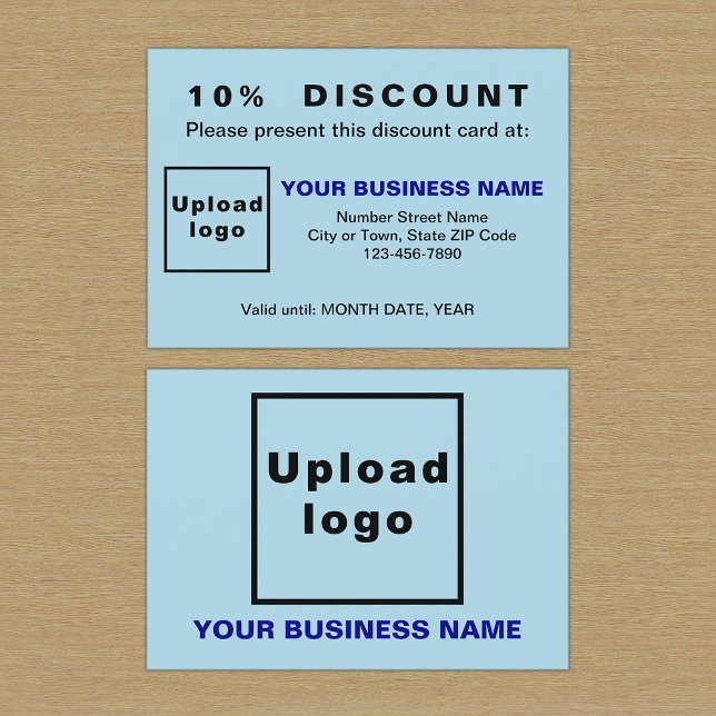 Cartão de Desconto Azul Claro para Empresas (Front and back sides of light blue discount card for your business.)