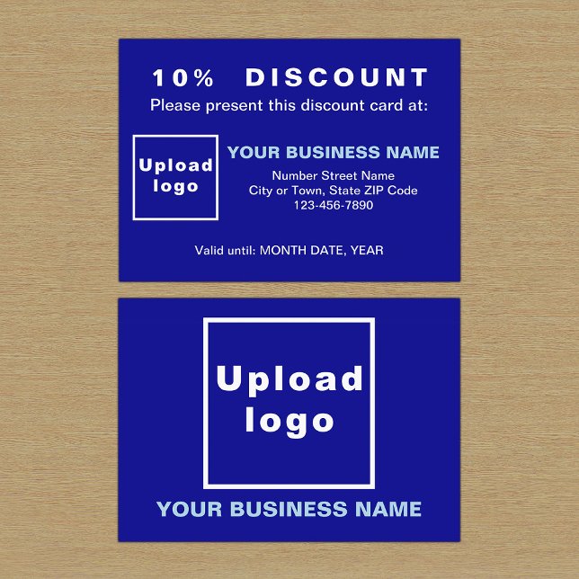 Cartão de Desconto Azul de Negócios (Front and back sides of blue discount card for your business. Attract more customers or clients.)