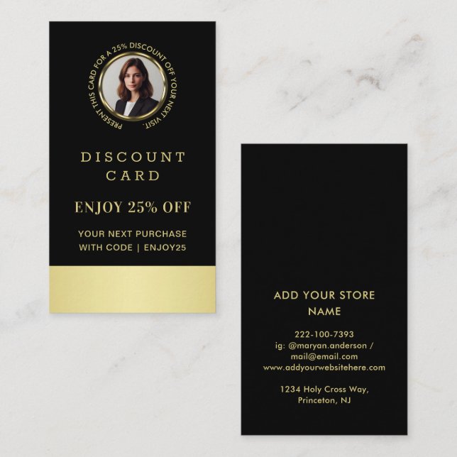Cartão De Desconto Black & gold design, Logo or Photo in gold circle, (Frente/Verso)