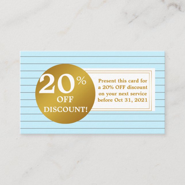 Cartão De Desconto Blue and White Gold Label Discount Coupon Card (Frente)
