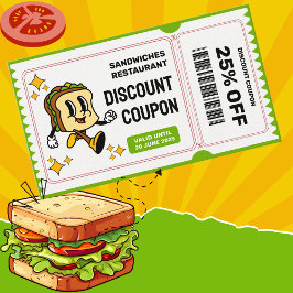 Cartão De Desconto Caractere de Sandwich do Cartoon do Quirky Retro C