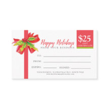 Christmas gift certificate red green ribbon $25