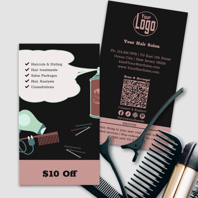 Cartão de desconto de $10 dólares de cabeleireiro  (Modern Hairdresser $10 Off Discount Card, Pink Black, Logo, QR code, Social, Tracking, Service List)