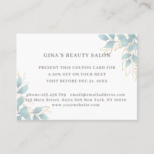 Cartão de Desconto de Folha Moderno, branco e verd (Frente)