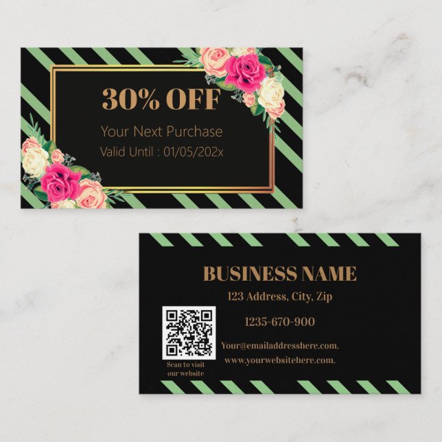 Cartão De Desconto Elegant Pink Floral Stripes QR Code Discount Card (Frente/Verso)