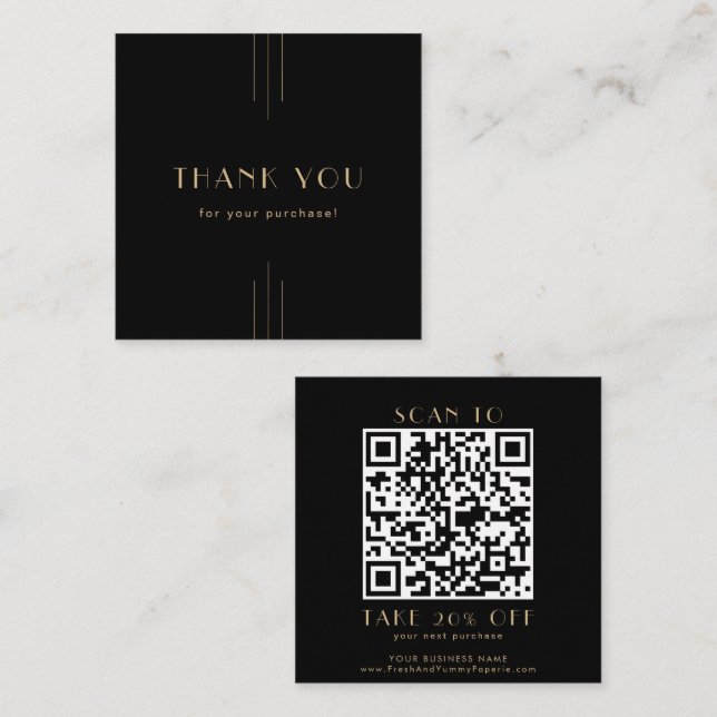 Cartão De Desconto EVERLY Art Deco Black and Gold QR Code Thank You (Frente/Verso)