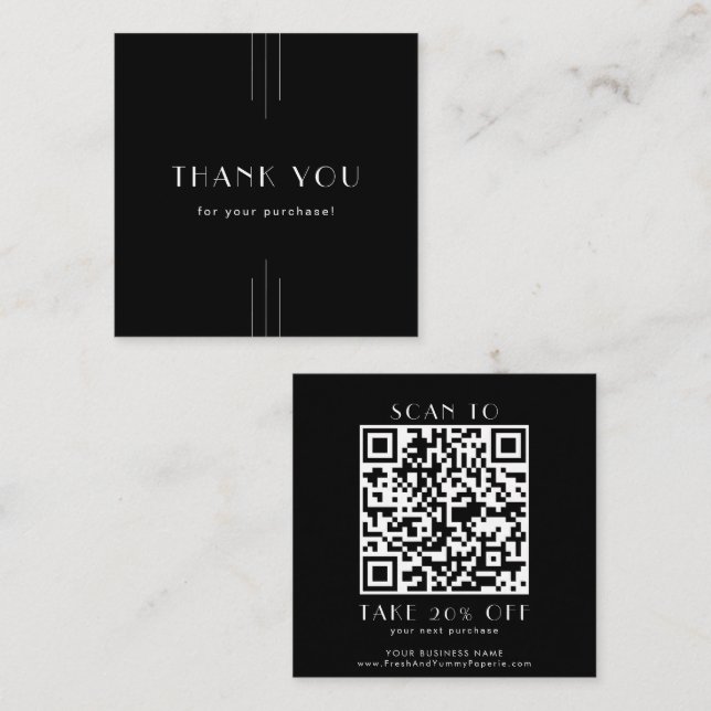 Cartão De Desconto EVERLY Art Deco Black Business QR Code Thank You (Frente/Verso)