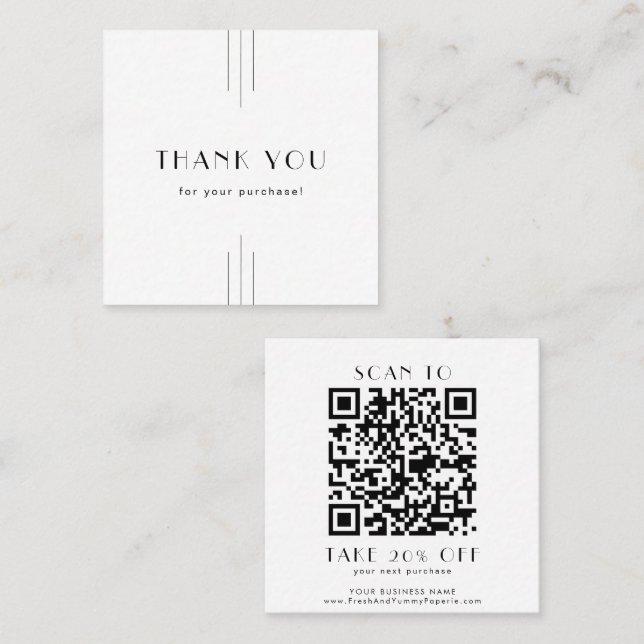 Cartão De Desconto EVERLY Art Deco Minimal Business QR Code Thank You (Frente/Verso)