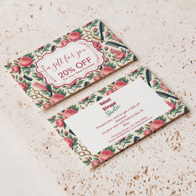 Cartão De Desconto Floral Pink Green Hair Stylist Business (Criador carregado)