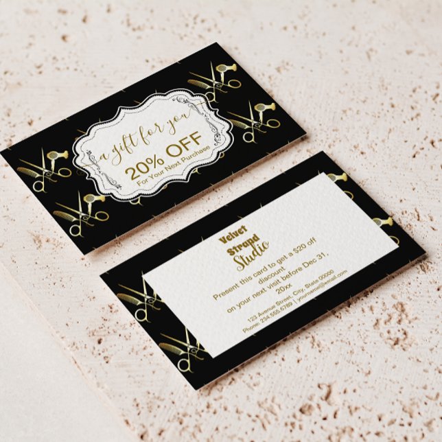 Cartão De Desconto Glam Black Gold Hair Stylist Business (Criador carregado)