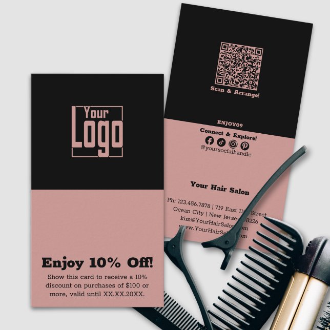 Cartão De Desconto Hairstylist Simples De Tons Duplos 10% Desligado (Simple Dual-Tone Hairstylist 10% Off Discount Card, Square Logo, QR code, Tracking, Social,)