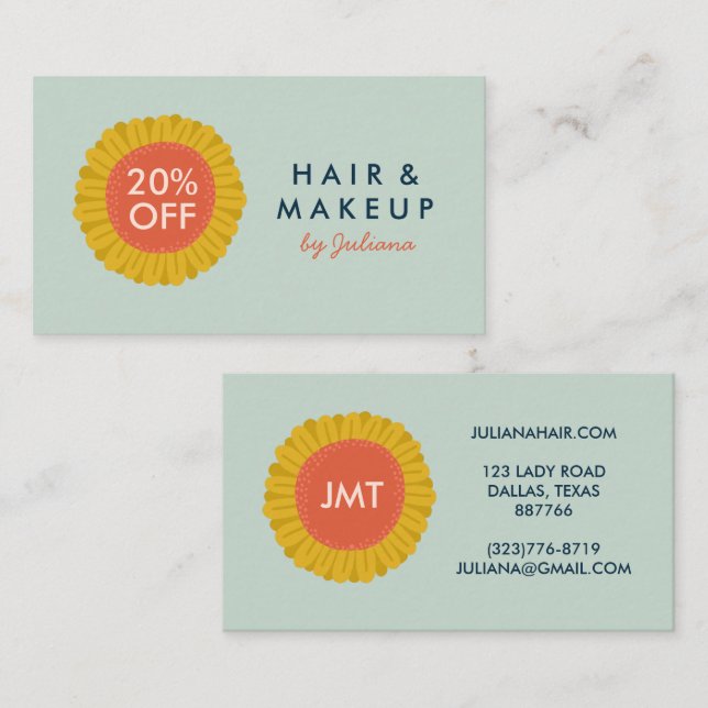 Cartão De Desconto Iniciais PERSONALIZADOS Da Flor De Girassol (Frente/Verso)