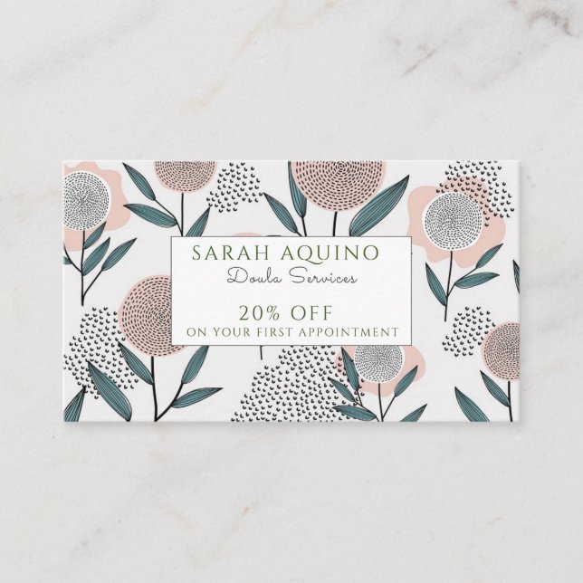 Cartão De Desconto Mão Desenhada Doula Dusty Peach Coral Floral (Frente)