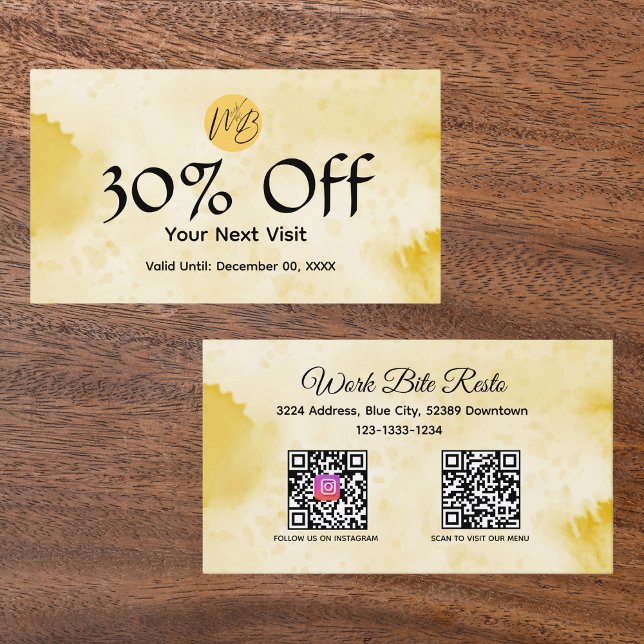 Cartão De Desconto Menu de Código Qr do Restaurante Amarelo de Aquare (Criador carregado)