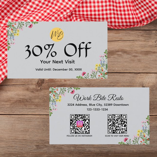 Cartão De Desconto Menu de Código Qr do Restaurante Moderno de Flores (Criador carregado)