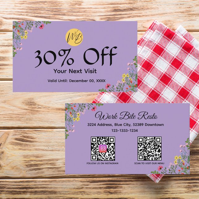 Cartão De Desconto Menu de Código Qr do Restaurante Moderno de Flores (Criador carregado)