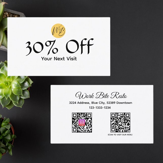 Cartão De Desconto Menu de Código Qr do Restaurante Preto e Branco e (Criador carregado)