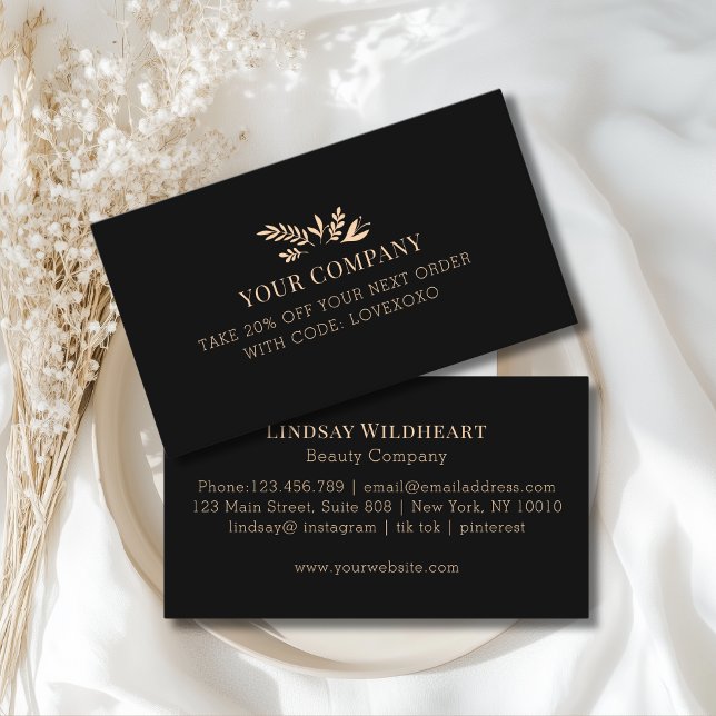 Cartão De Desconto Minimal Floral Black Botanical Salon Discount Card (Custom Minimal Floral Black Botanical Salon Discount Card)