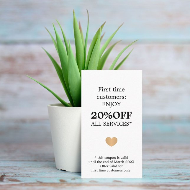 Cartão De Desconto Modern Elegant Beauty Black White First Time (Criador carregado)