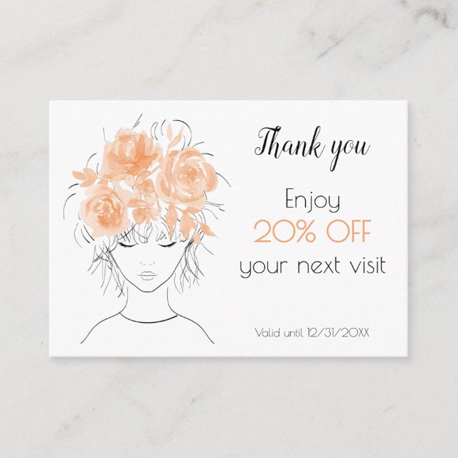 Cartão De Desconto Pêssego branco, cor d'água, rosa floral (Frente)