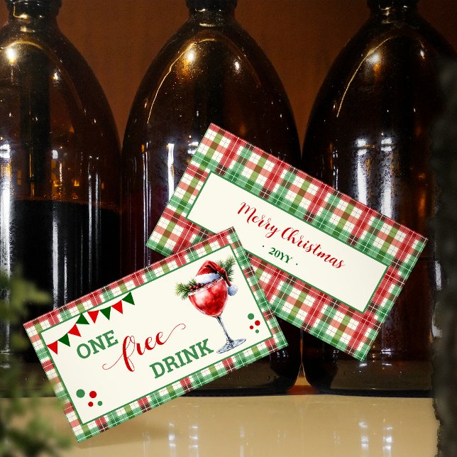 Cartão De Desconto Retro Christmas Plaid Free Drink Party Ticket (Criador carregado)