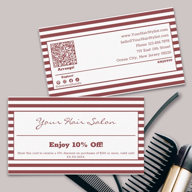 Cartão De Desconto Salão de Cabelo com Striped profissional de na mod (Stylish Professional Striped Hair Salon 10% Discount Card, Terms, QR code, Social, Tracking)