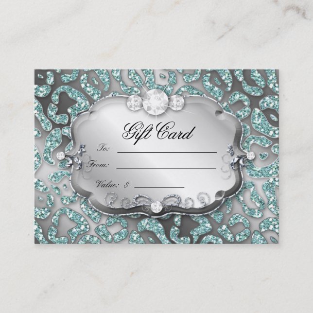 Cartão De Desconto Salon Gift Card Jewelry Leopard Teal Sparkle (Frente)