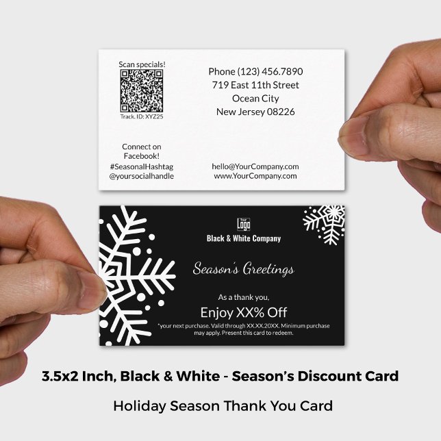 Cartão De Desconto Saudações Sazonais Pretas e Brancas Muito Obrigado (Black & White Seasonal Greetings Thank You Discount Card; Size 3.5x2 Inch (US))