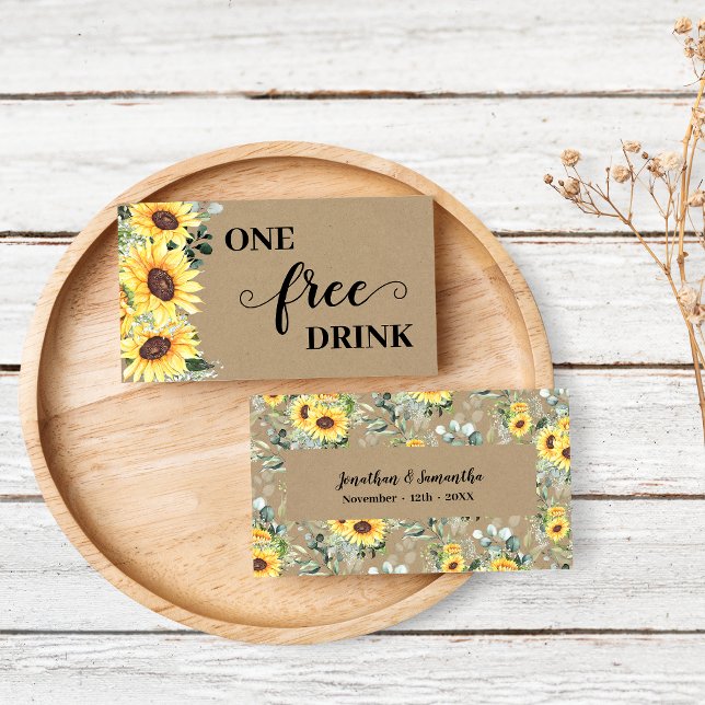 Cartão De Desconto Sunflowers Greenery Free Drink Wedding Ticket Card (Criador carregado)