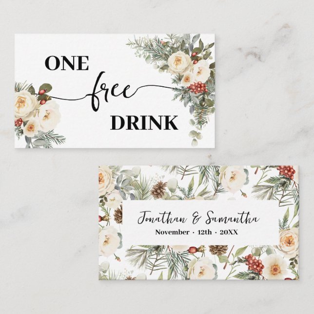 Cartão De Desconto White Winter Floral Free Drink Wedding Ticket Card (Frente/Verso)