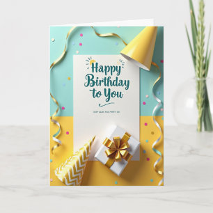 Cartão de Desejos de Aniversário Azul-Verde Amarel