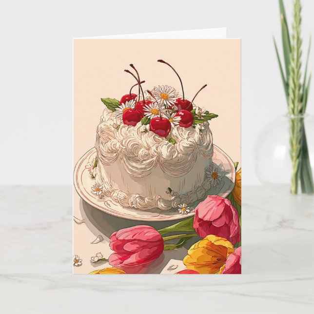 Cartão de Desejos de Aniversário com Bolo Doce (Frente)