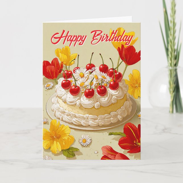 Cartão de Desejos de Aniversário com Bolo Doce (Frente)