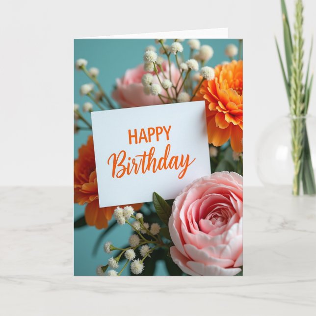 Cartão de Desejos de Aniversário com Buquê (Frente)
