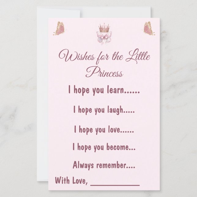 Cartão de Desejos de Bebê Princesa Rosa (Frente)