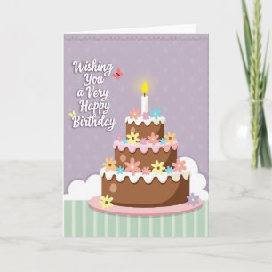 Cartão de Desejos de Bolo de Aniversário Floral
