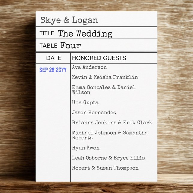 Cartão de Destino de Cartão de Saída do Livro de B (Help your guests to their table in bookish style with this library checkout card seating card.)