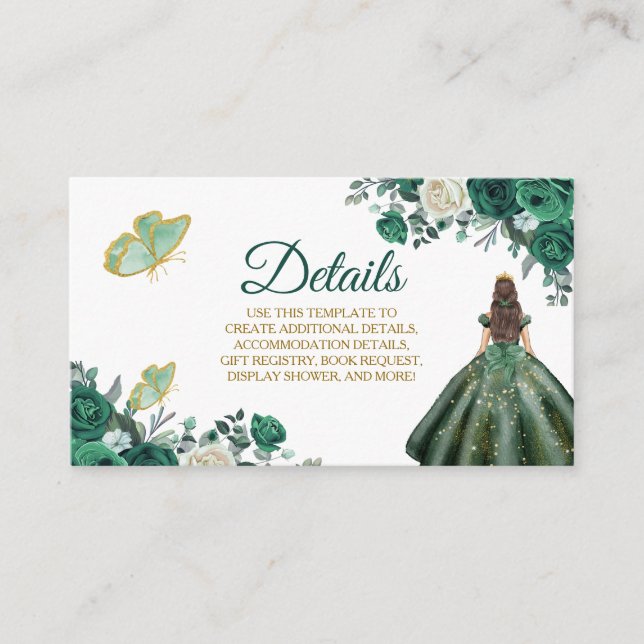 Cartão de detalhe de Quinceañera Verde Esmeralda (Frente)