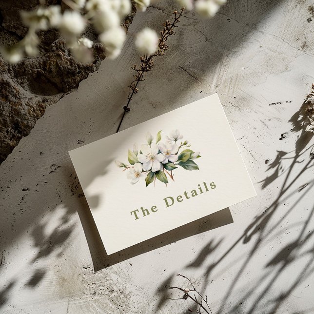 Cartão de detalhes da flor da flor de maçã (Delicate and pretty "The Details" wedding card with painted style white apple blossom flowers)