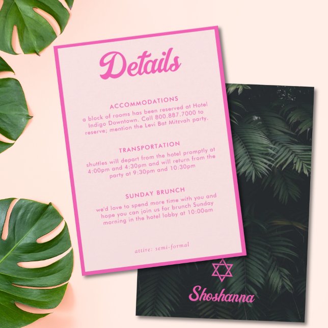 Cartão de Detalhes de Bat Mitzvah Tropical Rosa (Pink Tropical Bat Mitzvah Details Enclosure Card
)