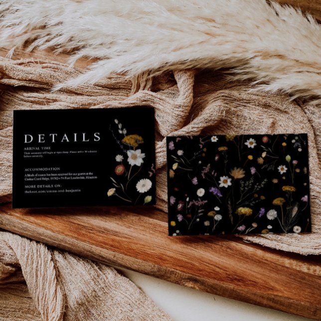 Cartão de Detalhes de Casamento Black Boho Wildflo (Criador carregado)